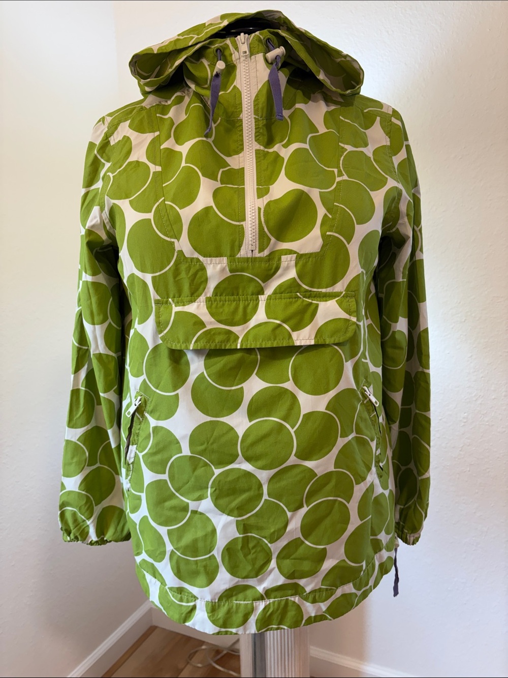 Boden NWOT Green White Giant Polka Dot Pullover Packable Anorak Jacket Size 8